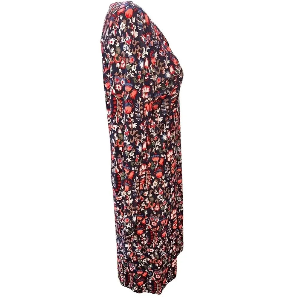 Tory Burch Floral Folk Print Long Sleeve Dress V-Neck Keyhole Stretch Knit L